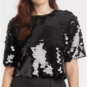A New Day Black Sequin Top Short Sleeve Party Sparkly Blouse Medium
